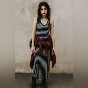 90s Y2K Maxi Dress Size XL Racer Back Navy Grey Striped Full Length Dress Grunge